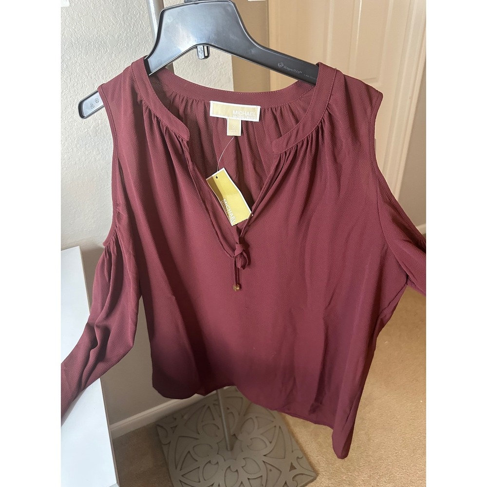Michael Kors Cold Shoulder Blouse Womens M Merlot NWT Tie Neck Long Sleeve Top